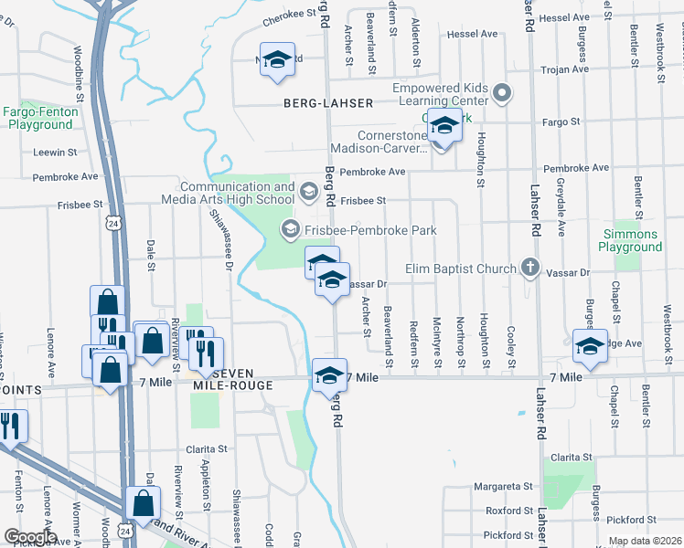 map of restaurants, bars, coffee shops, grocery stores, and more near 19424 Berg Road in Detroit