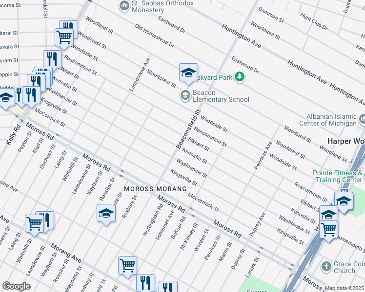 map of restaurants, bars, coffee shops, grocery stores, and more near 19308 Beaconsfield Street in Harper Woods