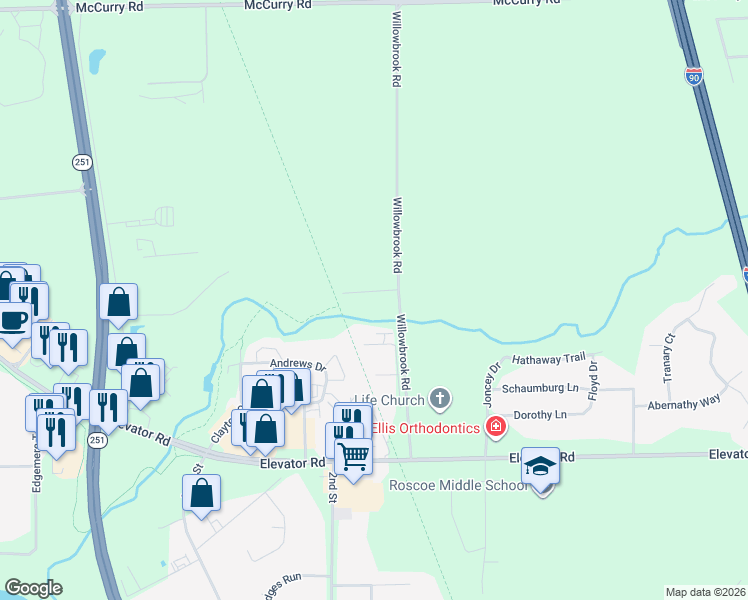 map of restaurants, bars, coffee shops, grocery stores, and more near 11918 Willowbrook Road in Roscoe