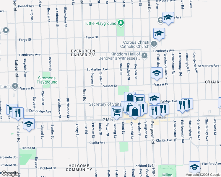 map of restaurants, bars, coffee shops, grocery stores, and more near 19431 Patton Street in Detroit