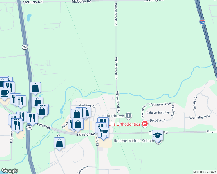 map of restaurants, bars, coffee shops, grocery stores, and more near 11918 Willowbrook Road in Roscoe