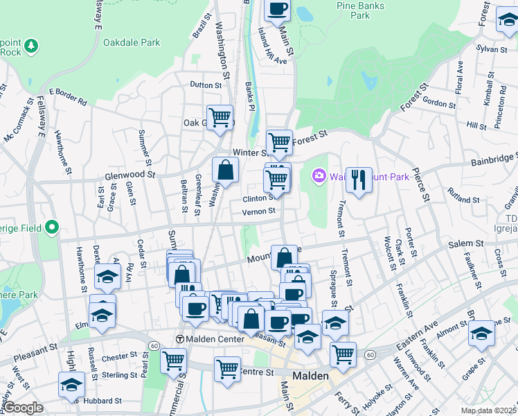 map of restaurants, bars, coffee shops, grocery stores, and more near 43 Clinton Street in Malden