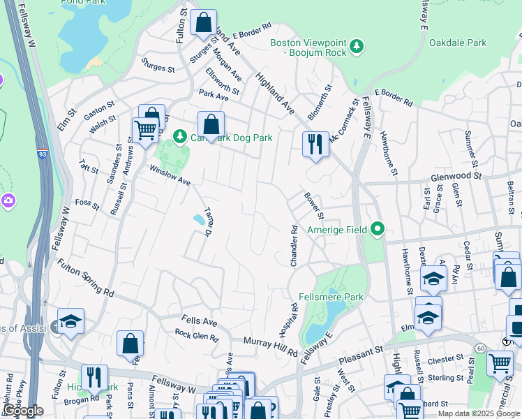 map of restaurants, bars, coffee shops, grocery stores, and more near 38 Doonan Street in Medford