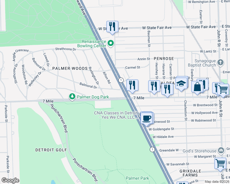 map of restaurants, bars, coffee shops, grocery stores, and more near 19302 Woodward Avenue in Detroit