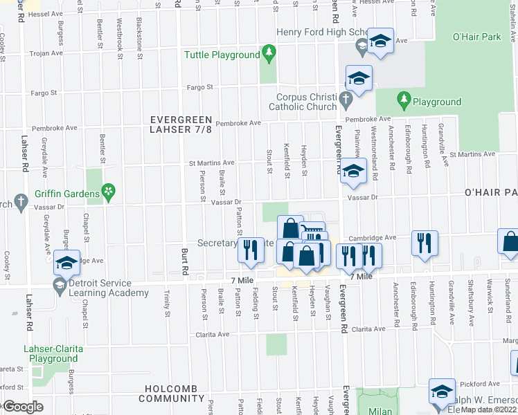 map of restaurants, bars, coffee shops, grocery stores, and more near 19370 Fielding Street in Detroit