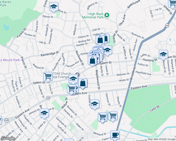 map of restaurants, bars, coffee shops, grocery stores, and more near 630 Salem Street in Malden
