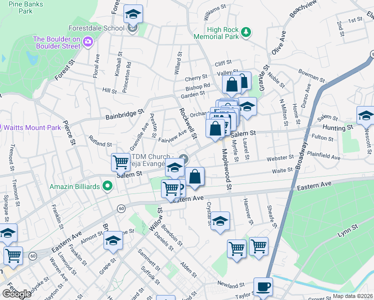 map of restaurants, bars, coffee shops, grocery stores, and more near 41 Fairview Terrace in Malden