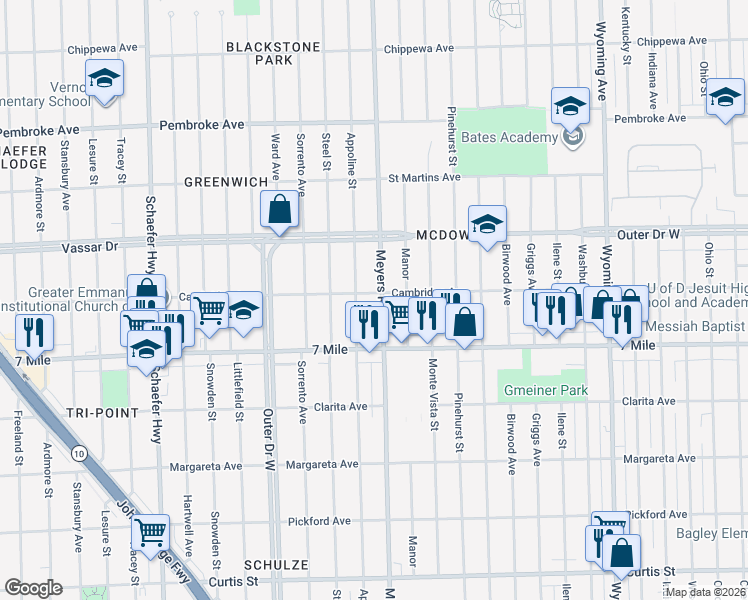 map of restaurants, bars, coffee shops, grocery stores, and more near 19314 Meyers Road in Detroit