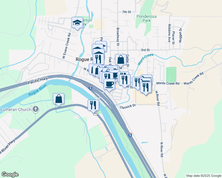 map of restaurants, bars, coffee shops, grocery stores, and more near 213 East Main Street in Rogue River