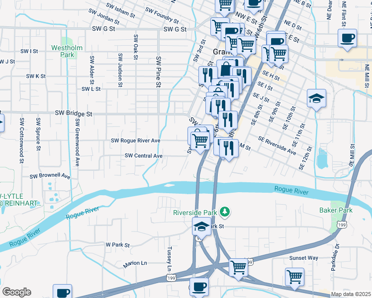 map of restaurants, bars, coffee shops, grocery stores, and more near 224 Southwest Rogue River Avenue in Grants Pass