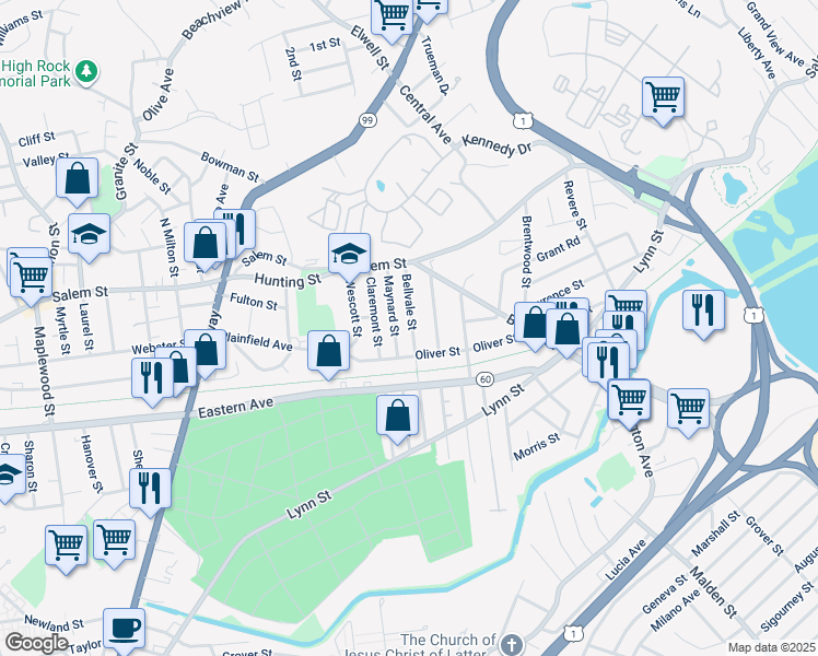 map of restaurants, bars, coffee shops, grocery stores, and more near 25 Springdale Street in Malden