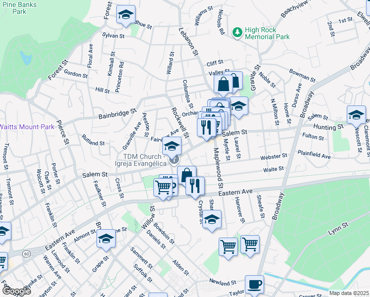map of restaurants, bars, coffee shops, grocery stores, and more near 41 Fairview Terrace in Malden