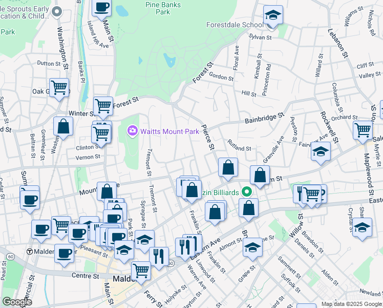 map of restaurants, bars, coffee shops, grocery stores, and more near 104 Porter Street in Malden