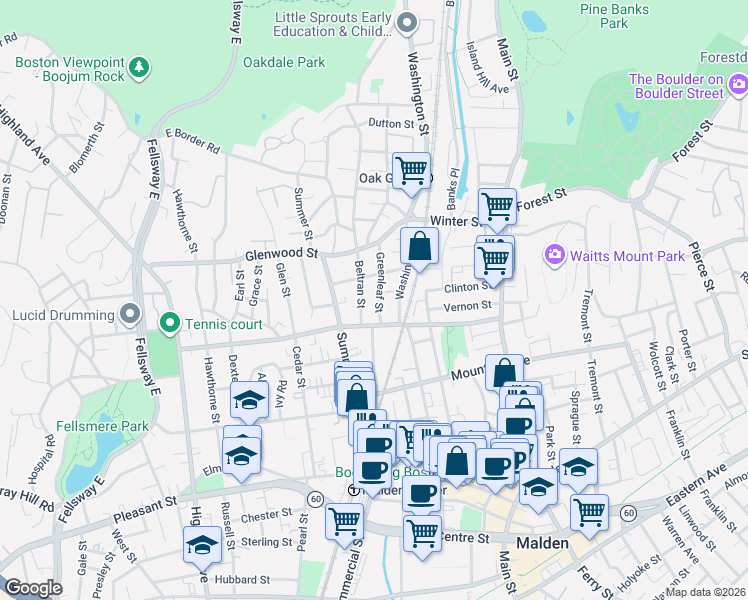 map of restaurants, bars, coffee shops, grocery stores, and more near 39 Greenleaf Street in Malden