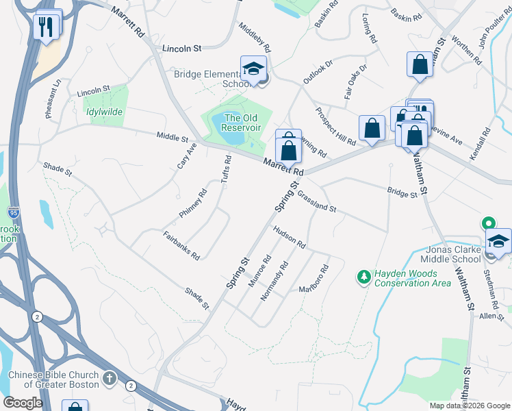 map of restaurants, bars, coffee shops, grocery stores, and more near 442 Marrett Road in Lexington