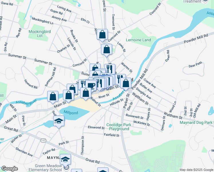 map of restaurants, bars, coffee shops, grocery stores, and more near Summer Street in Maynard