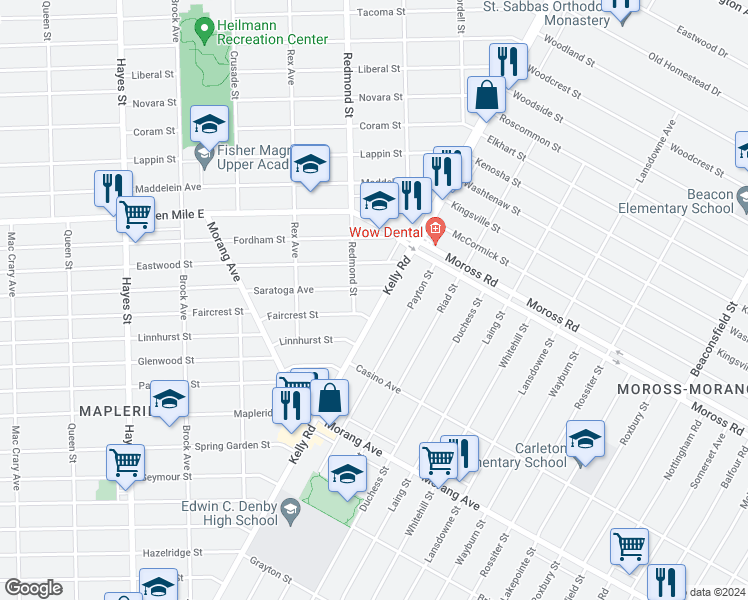 map of restaurants, bars, coffee shops, grocery stores, and more near 18811 Kelly Road in Detroit