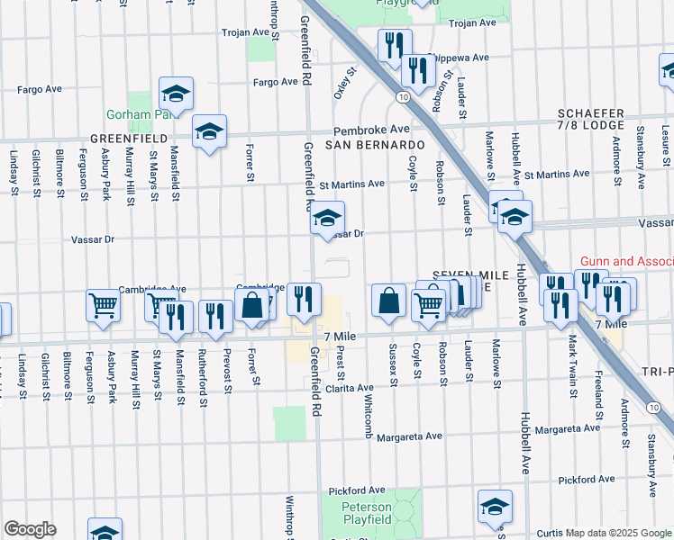 map of restaurants, bars, coffee shops, grocery stores, and more near 19370 Greenfield Road in Detroit
