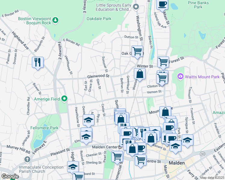 map of restaurants, bars, coffee shops, grocery stores, and more near 180 Summer Street in Malden