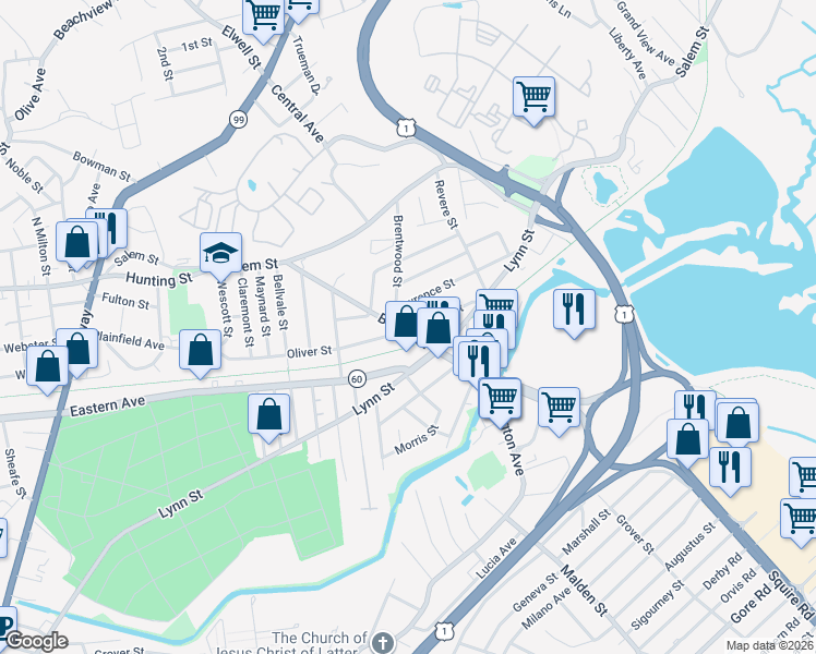 map of restaurants, bars, coffee shops, grocery stores, and more near 120 Beach Street in Malden