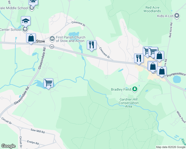map of restaurants, bars, coffee shops, grocery stores, and more near 22 Johnston Way in Stow
