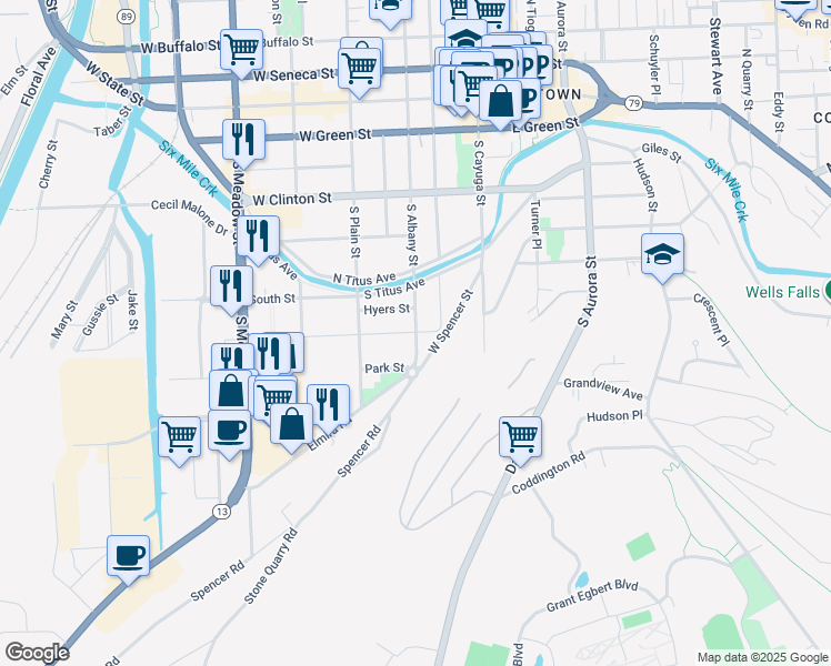 map of restaurants, bars, coffee shops, grocery stores, and more near South Albany Street & Wood Street in Ithaca