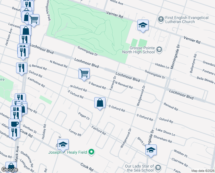 map of restaurants, bars, coffee shops, grocery stores, and more near 1071 North Renaud Road in Grosse Pointe Woods