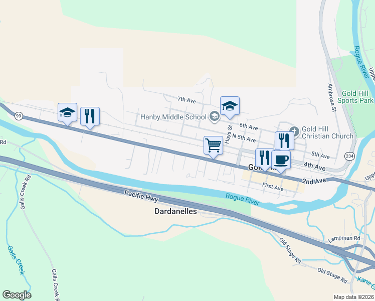 map of restaurants, bars, coffee shops, grocery stores, and more near 1002 4th Avenue in Gold Hill