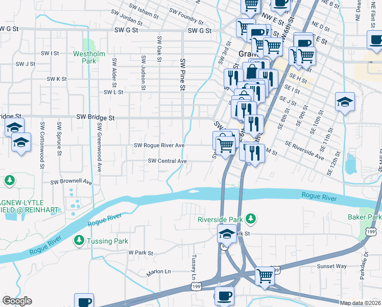 map of restaurants, bars, coffee shops, grocery stores, and more near 260 Southwest Rogue River Avenue in Grants Pass