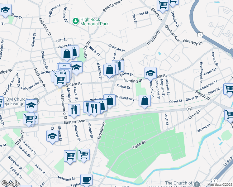 map of restaurants, bars, coffee shops, grocery stores, and more near 295 Broadway in Malden