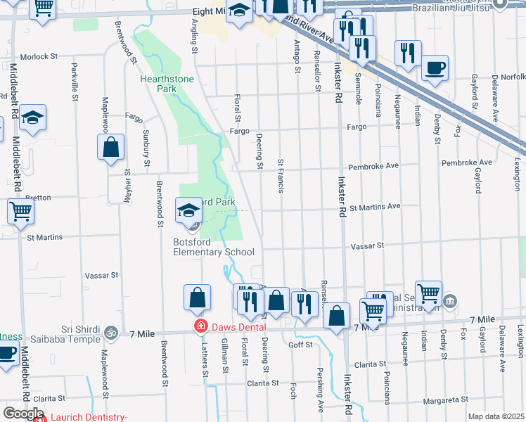 map of restaurants, bars, coffee shops, grocery stores, and more near 30001 Saint Martins Street in Livonia