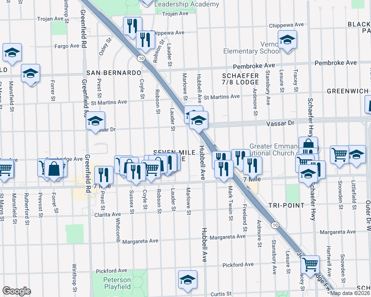 map of restaurants, bars, coffee shops, grocery stores, and more near 19347 Marlowe Street in Detroit