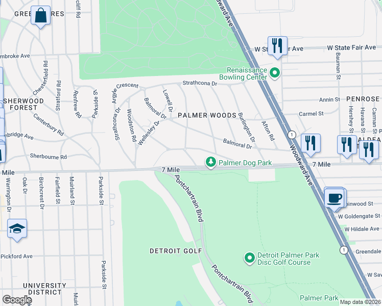 map of restaurants, bars, coffee shops, grocery stores, and more near 1676 Lincolnshire Drive in Detroit