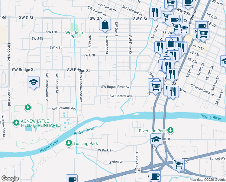 map of restaurants, bars, coffee shops, grocery stores, and more near 908 Southwest Rogue River Avenue in Grants Pass