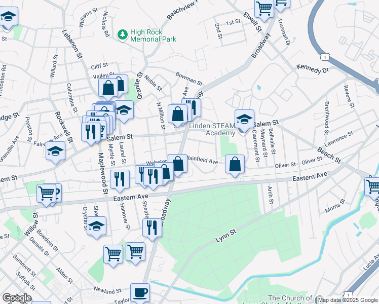 map of restaurants, bars, coffee shops, grocery stores, and more near 311 Broadway in Malden