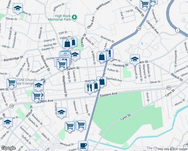 map of restaurants, bars, coffee shops, grocery stores, and more near 16-18 Church Street in Malden