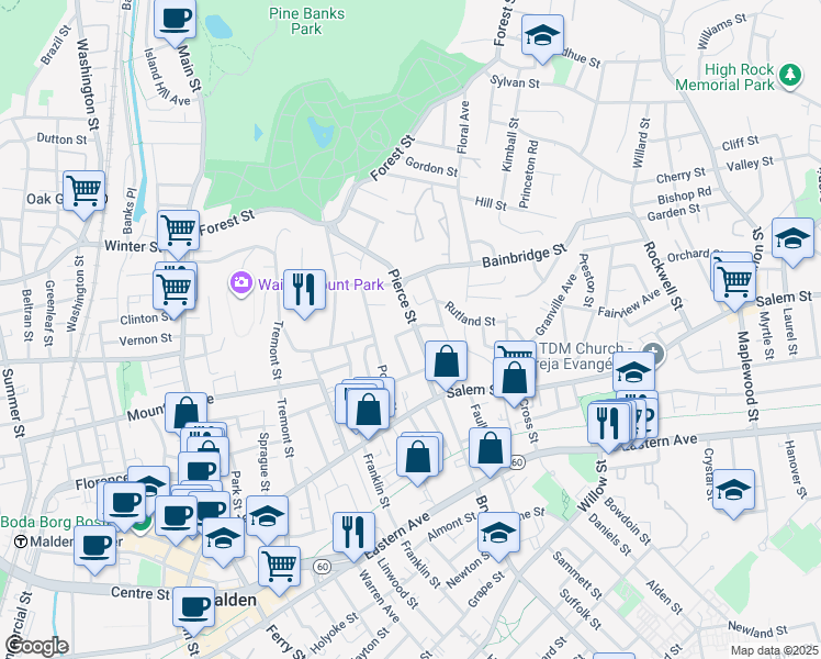 map of restaurants, bars, coffee shops, grocery stores, and more near 86 Pierce Street in Malden