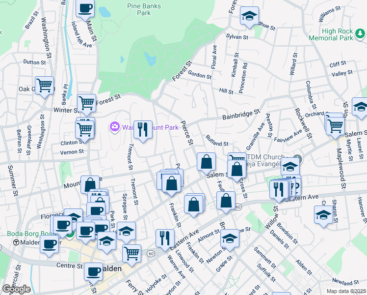 map of restaurants, bars, coffee shops, grocery stores, and more near 86 Pierce Street in Malden