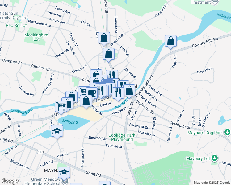 map of restaurants, bars, coffee shops, grocery stores, and more near 9A B Summer Street in Maynard