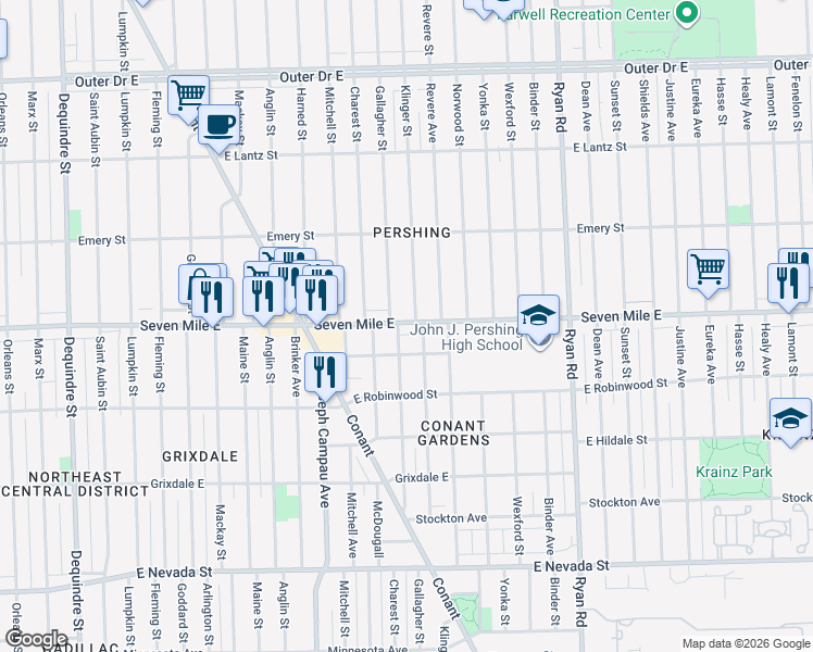 map of restaurants, bars, coffee shops, grocery stores, and more near 19130 Gallagher Street in Detroit