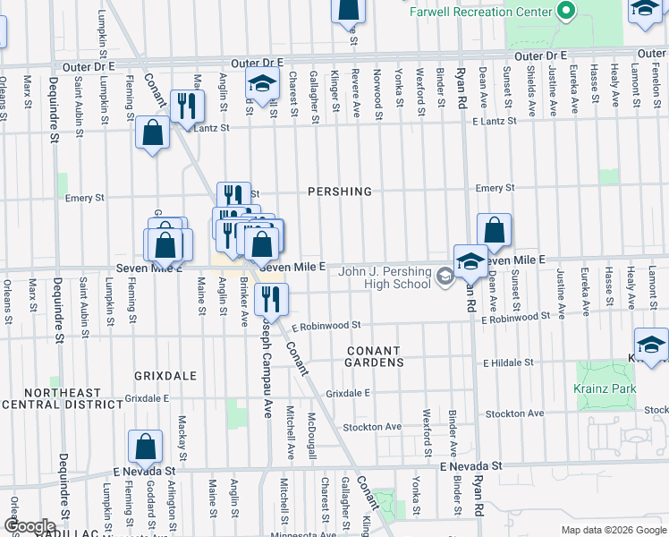 map of restaurants, bars, coffee shops, grocery stores, and more near 19130 Gallagher Street in Detroit