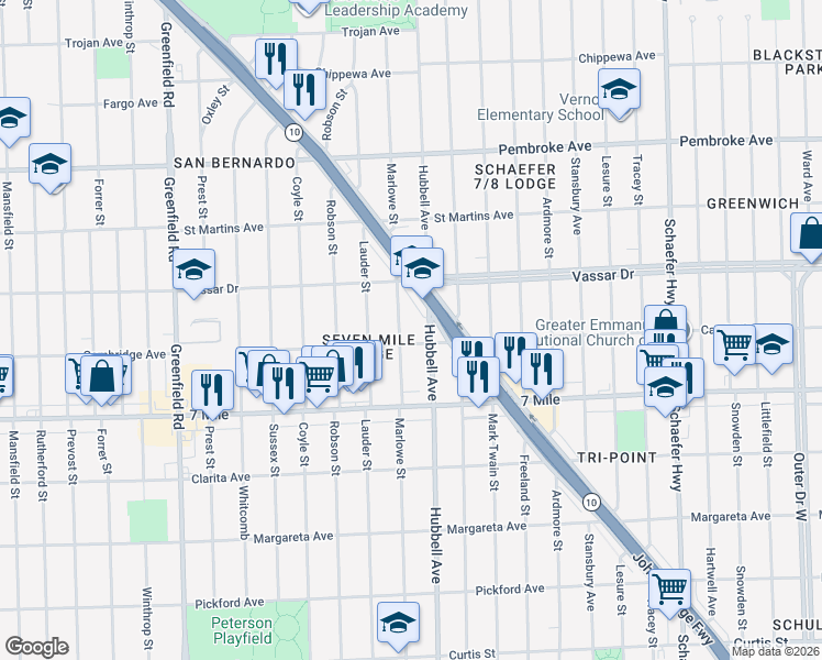 map of restaurants, bars, coffee shops, grocery stores, and more near 19347 Marlowe Street in Detroit
