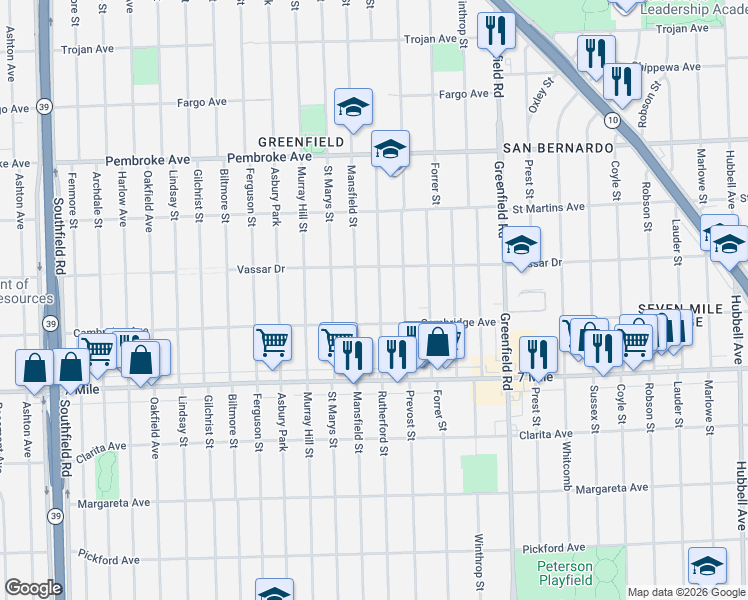 map of restaurants, bars, coffee shops, grocery stores, and more near 19358 Rutherford Street in Detroit
