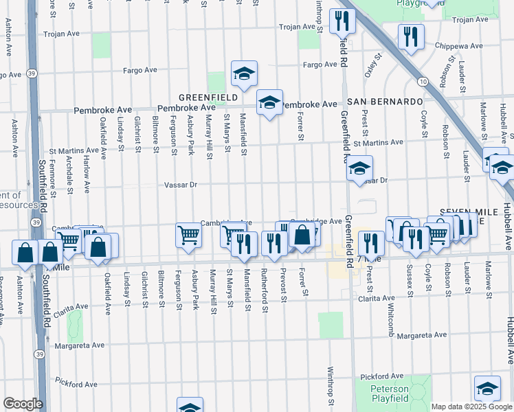 map of restaurants, bars, coffee shops, grocery stores, and more near 19358 Rutherford Street in Detroit
