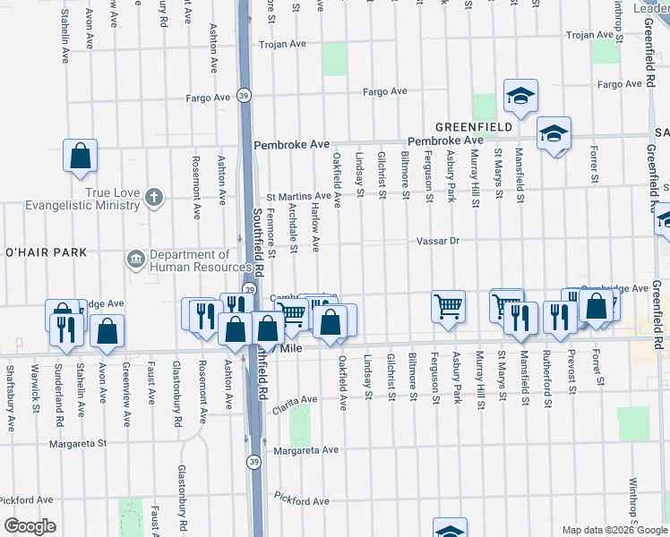 map of restaurants, bars, coffee shops, grocery stores, and more near 19373 Oakfield Avenue in Detroit