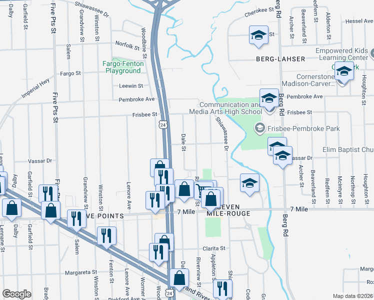 map of restaurants, bars, coffee shops, grocery stores, and more near 19613 Dale Street in Detroit