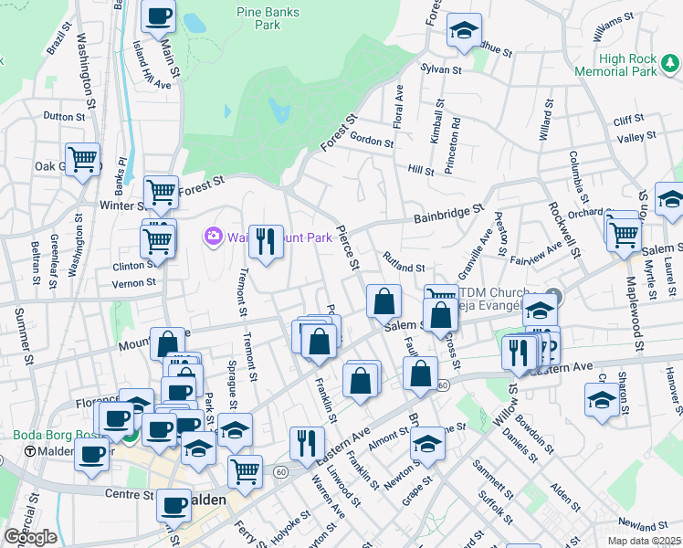 map of restaurants, bars, coffee shops, grocery stores, and more near 86 Pierce Street in Malden
