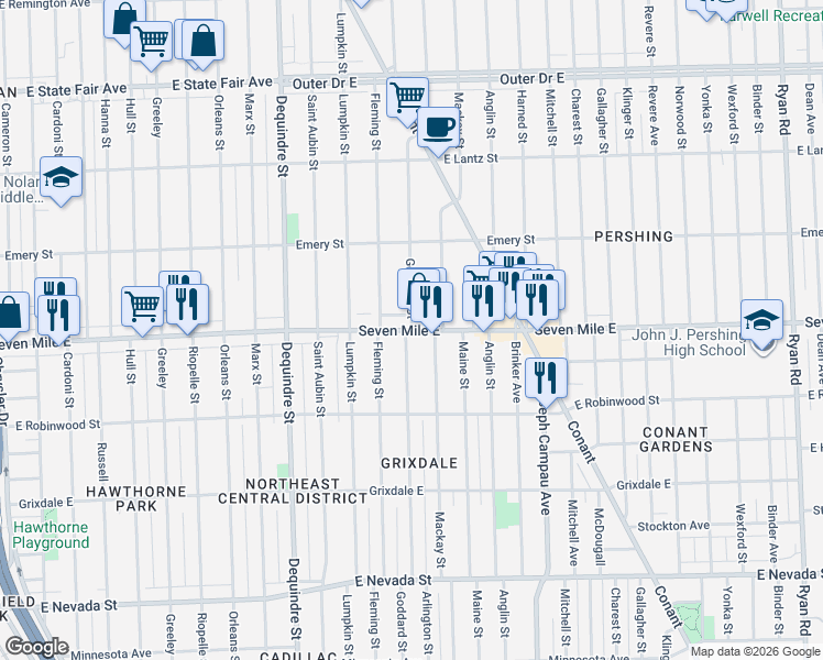 map of restaurants, bars, coffee shops, grocery stores, and more near E 7 Mile Rd & Goddard St in Detroit