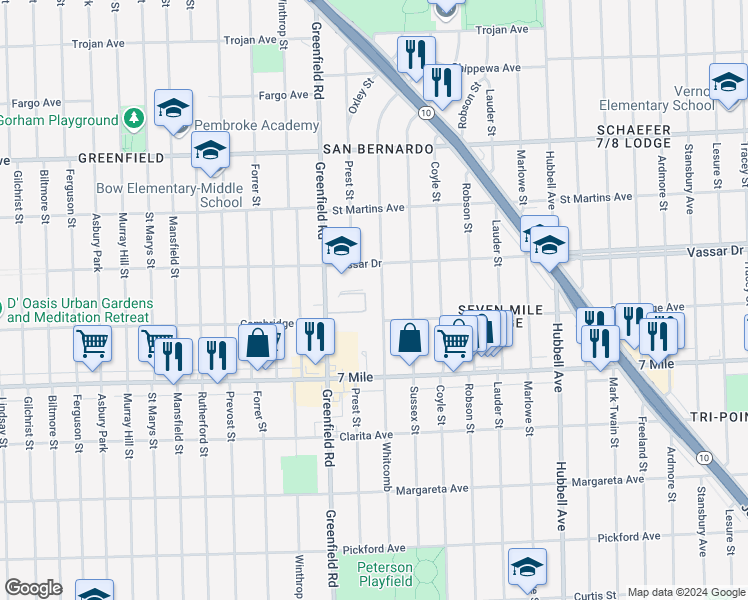 map of restaurants, bars, coffee shops, grocery stores, and more near 19331 Whitcomb Avenue in Detroit