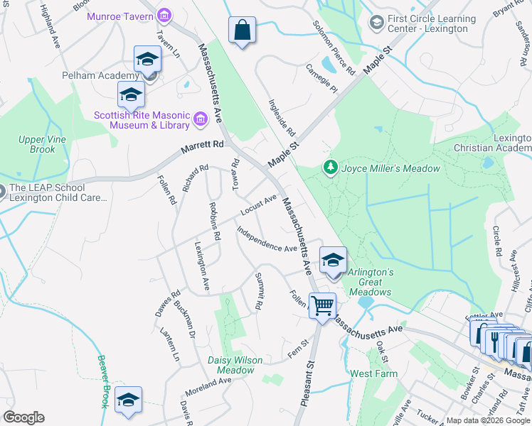 map of restaurants, bars, coffee shops, grocery stores, and more near 998 Massachusetts Avenue in Lexington